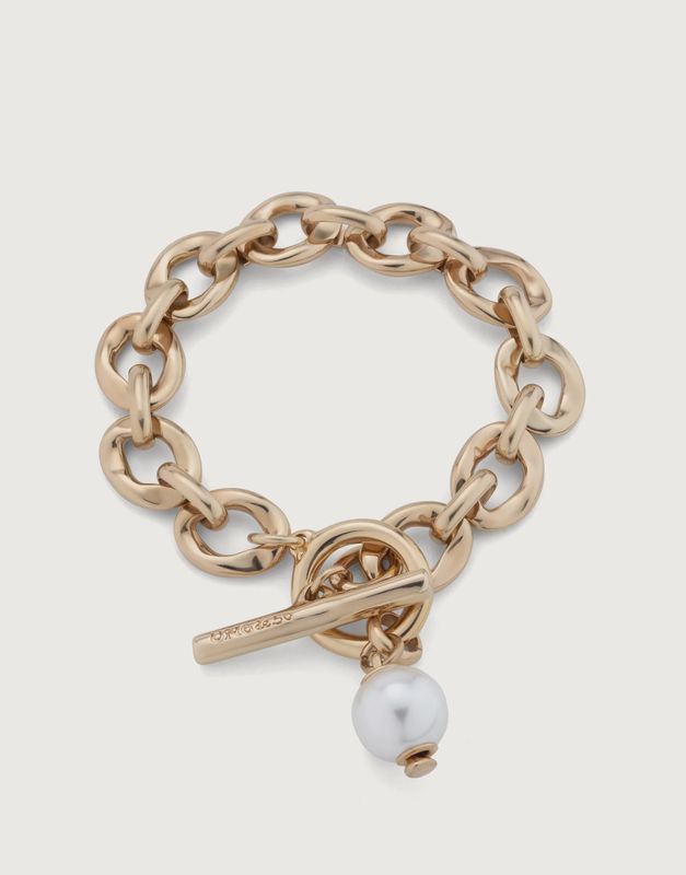 Large link gold chain bracelet with pearl