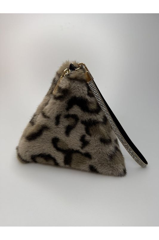 Taupe animal print faux fur pyramid bag