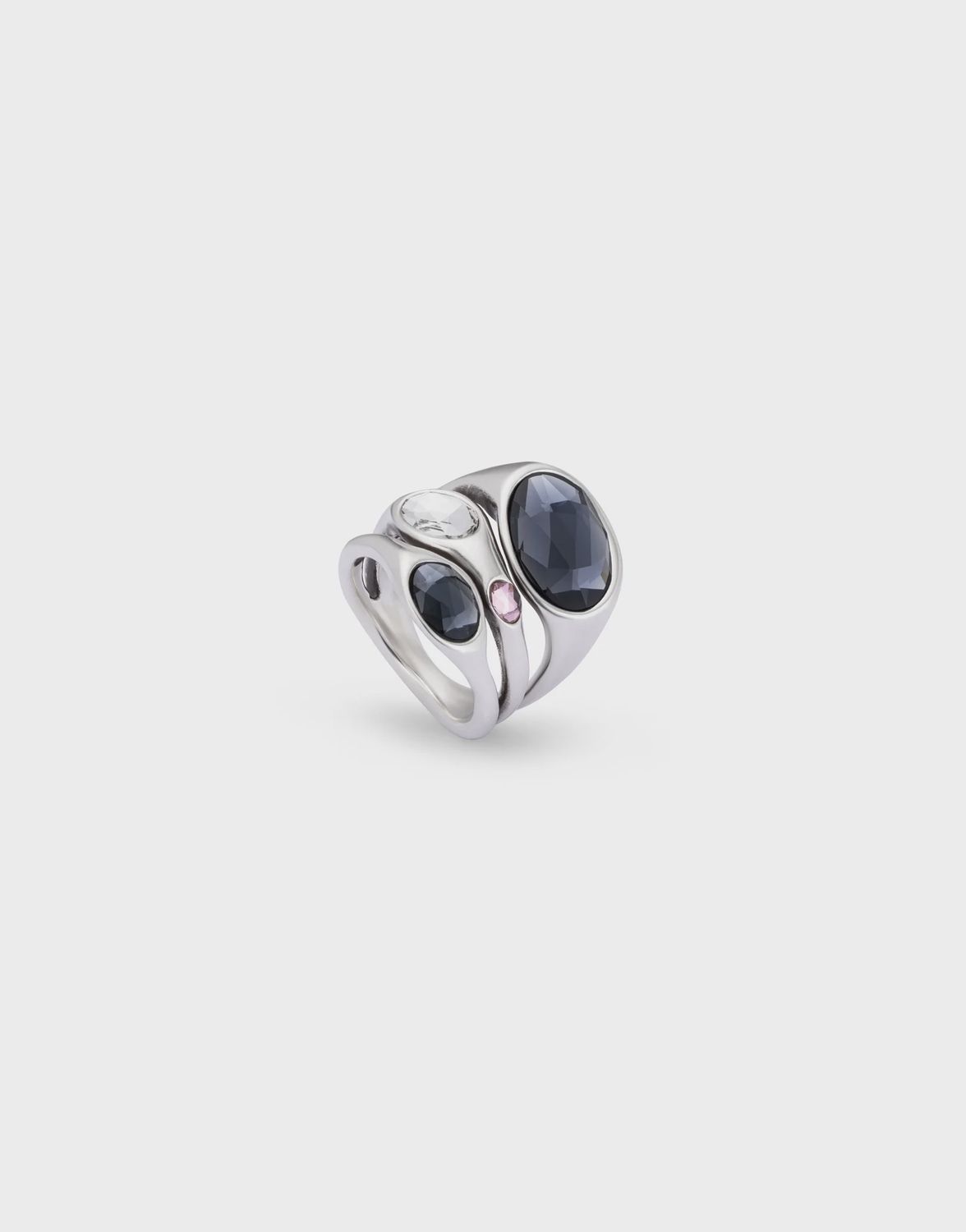 Silver ring with crystals grey pink white