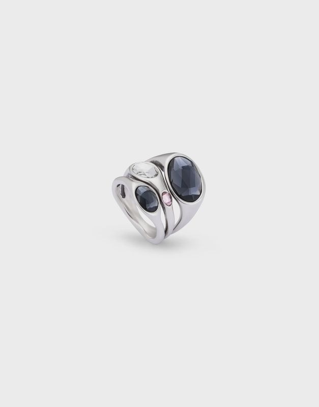 Silver ring with crystals grey pink white