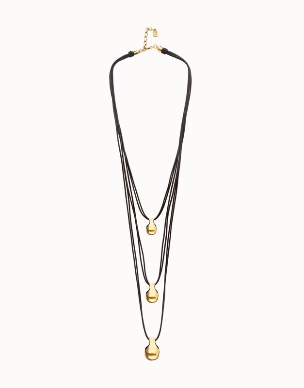 Multi strand leather necklace with gold spheres
