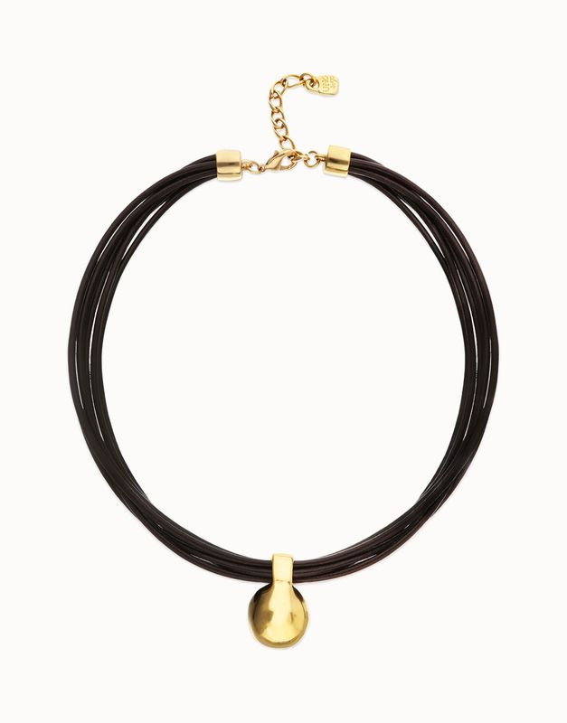 Multi strand short leather necklace with gold sphere