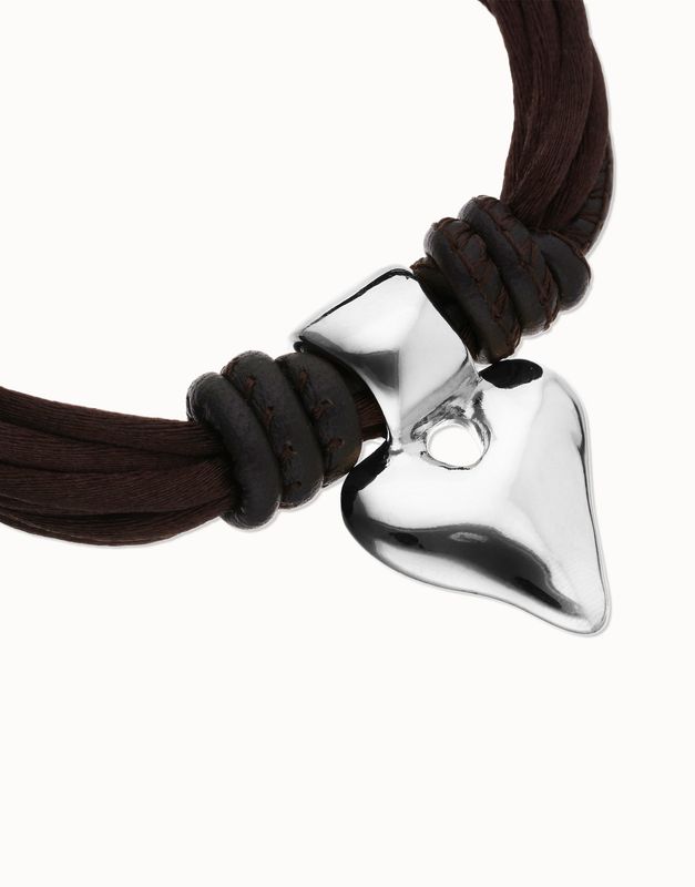 Bracelet in silk thread and brown leather with silver heart