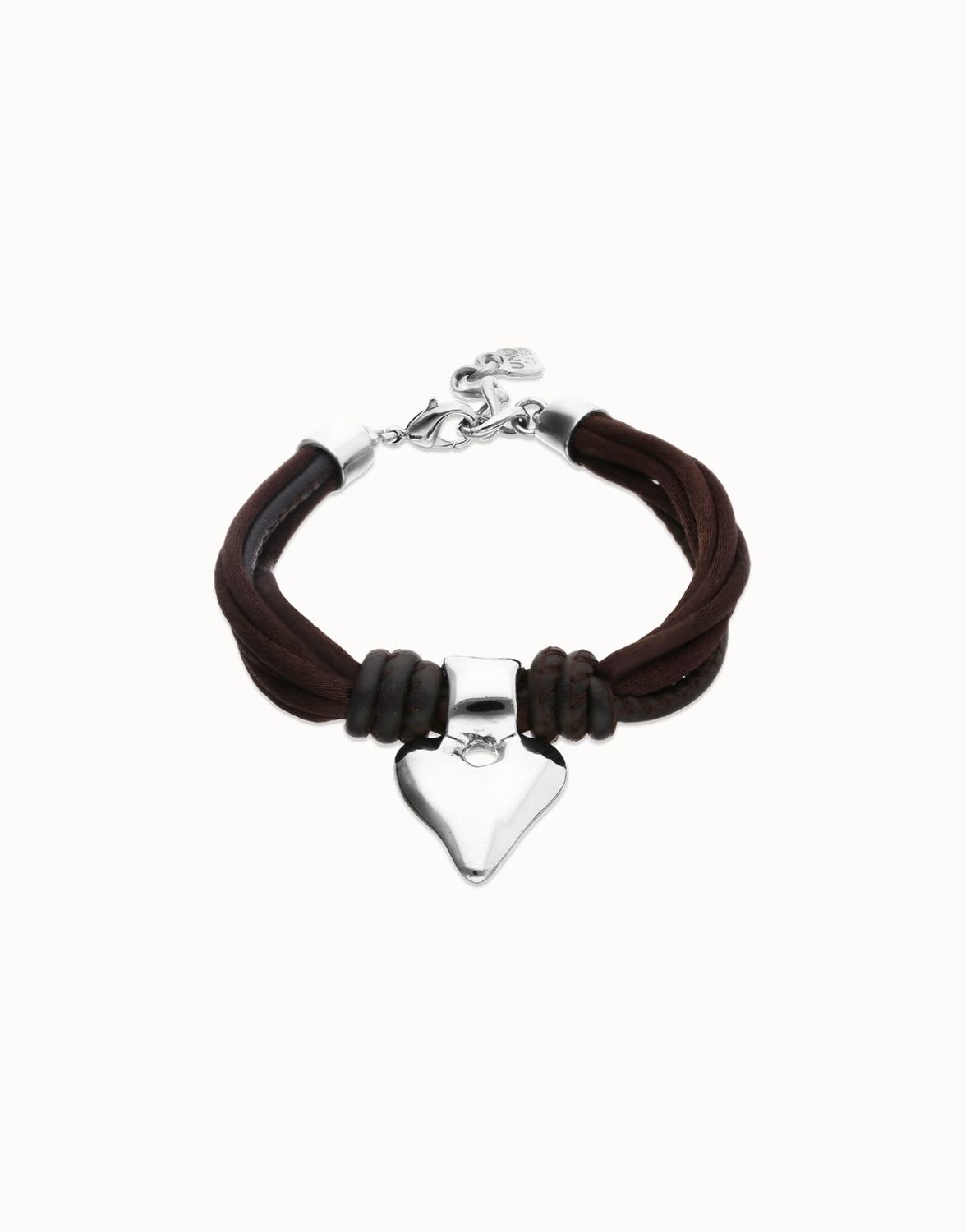 Bracelet in silk thread and brown leather with silver heart