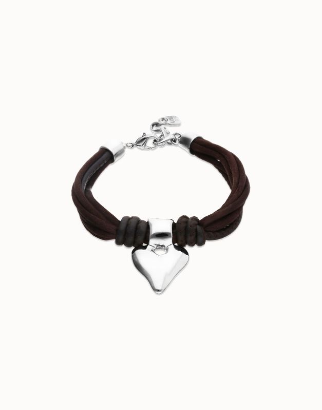Bracelet in silk thread and brown leather with silver heart