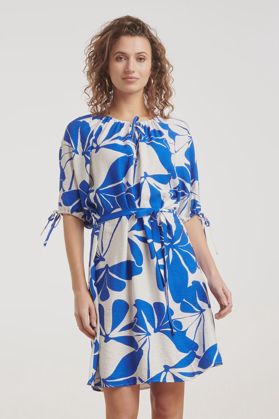 Abstract floral print dress cobalt blue and white