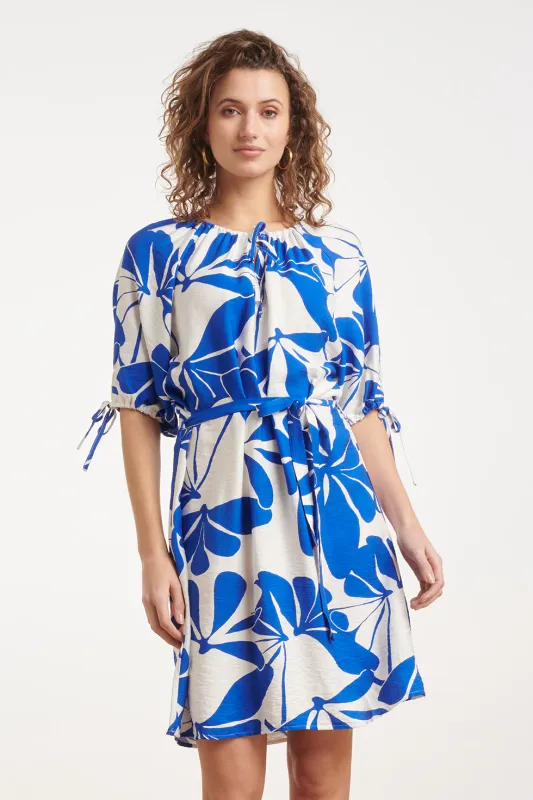 Abstract floral print dress cobalt blue and white