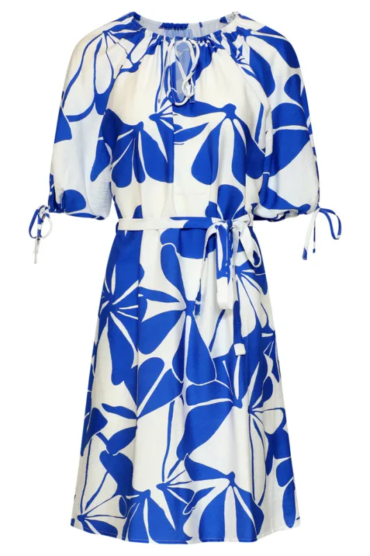 Abstract floral print dress cobalt blue and white