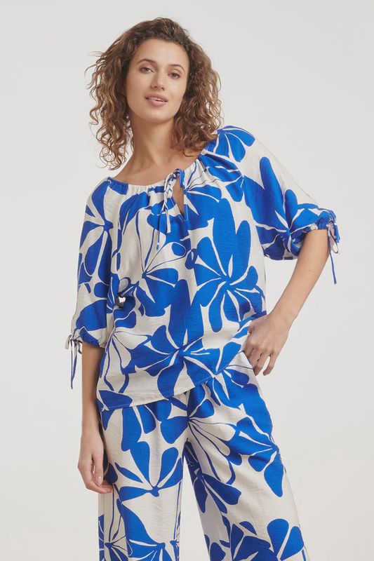 Abstract floral print top cobalt blue and white