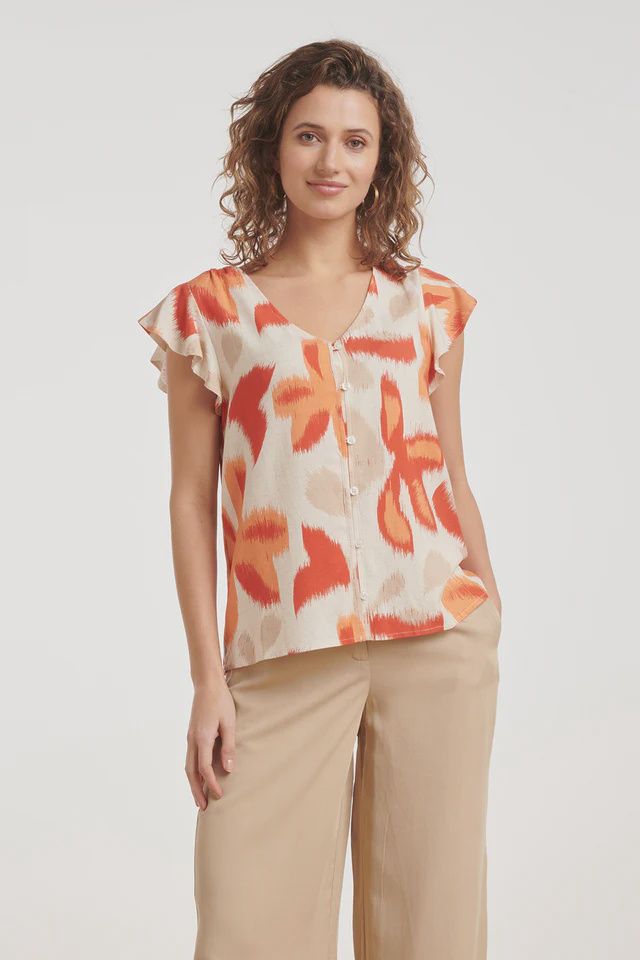 Floral print blouse in orange and beige