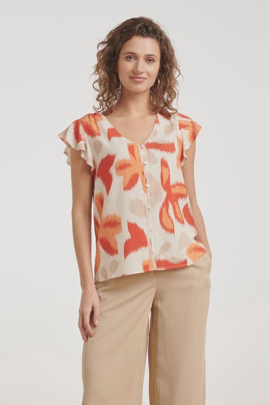 Floral print blouse in orange and beige