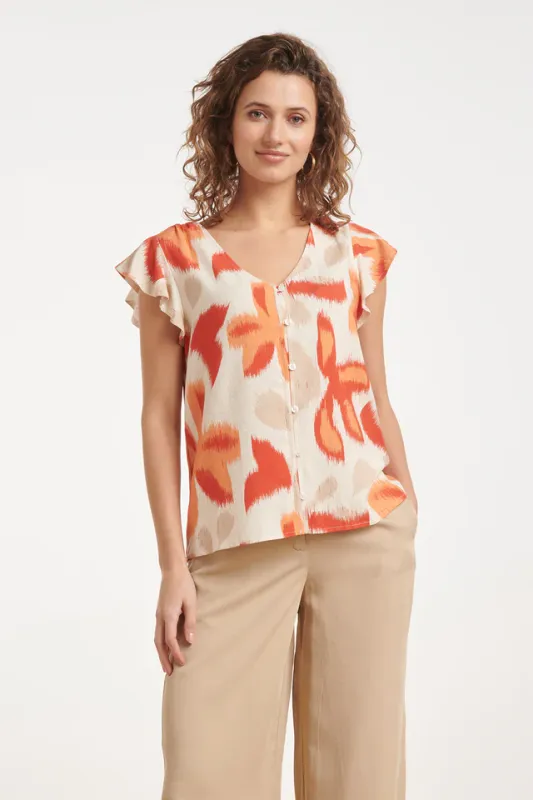 Floral print blouse in orange and beige