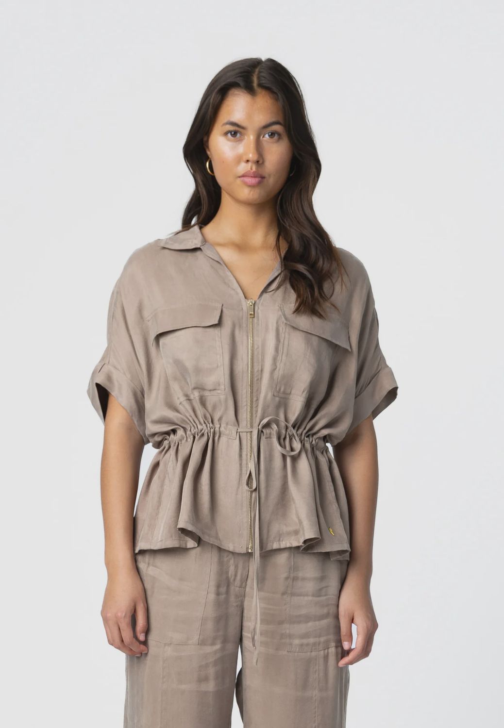 Blouse with drawstring waist taupe