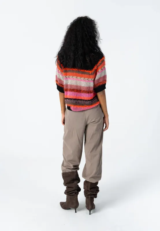 Stripe knitted jumper black and neon pink orange