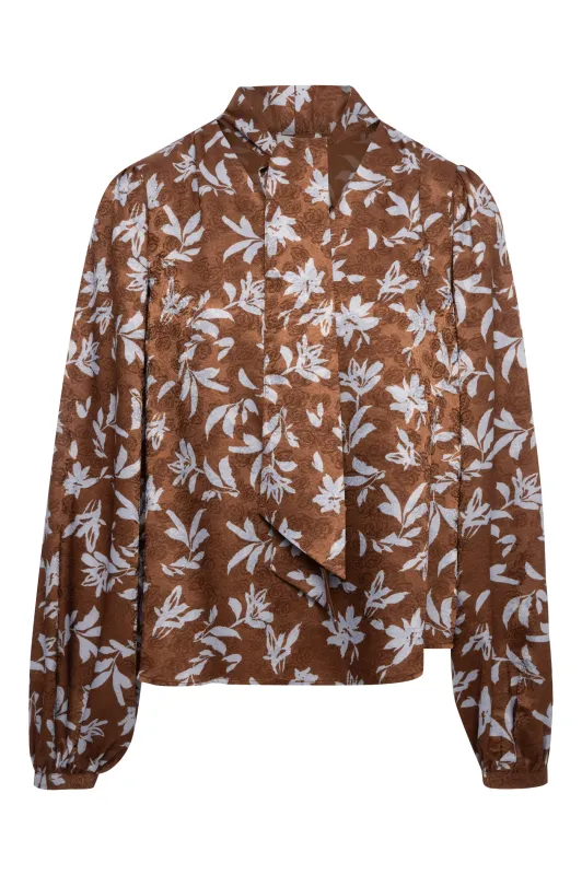 V-neck pussy bow blouse brown and sky blue