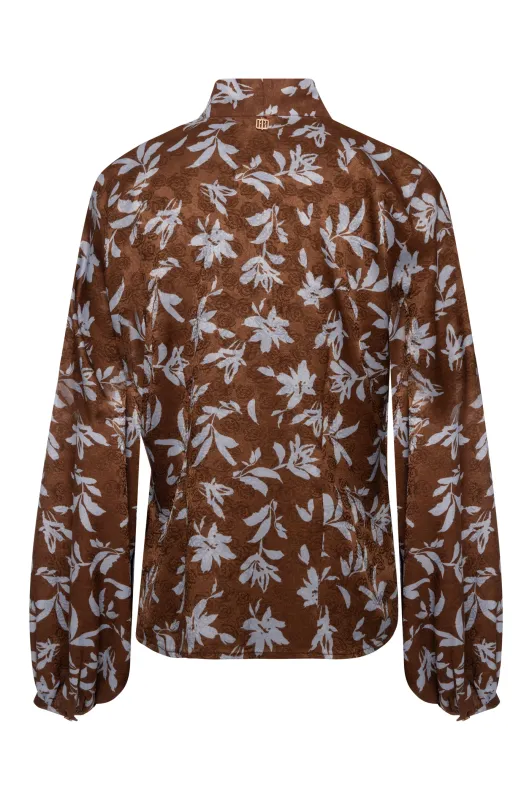 V-neck pussy bow blouse brown and sky blue