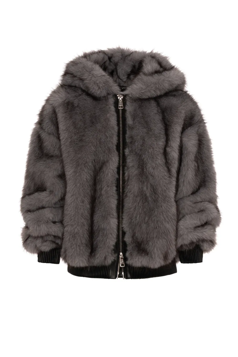 Faux fur bomber jacket with hood grey