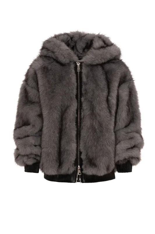 Faux fur bomber jacket with hood grey