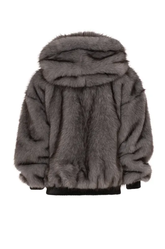 Faux fur bomber jacket with hood grey
