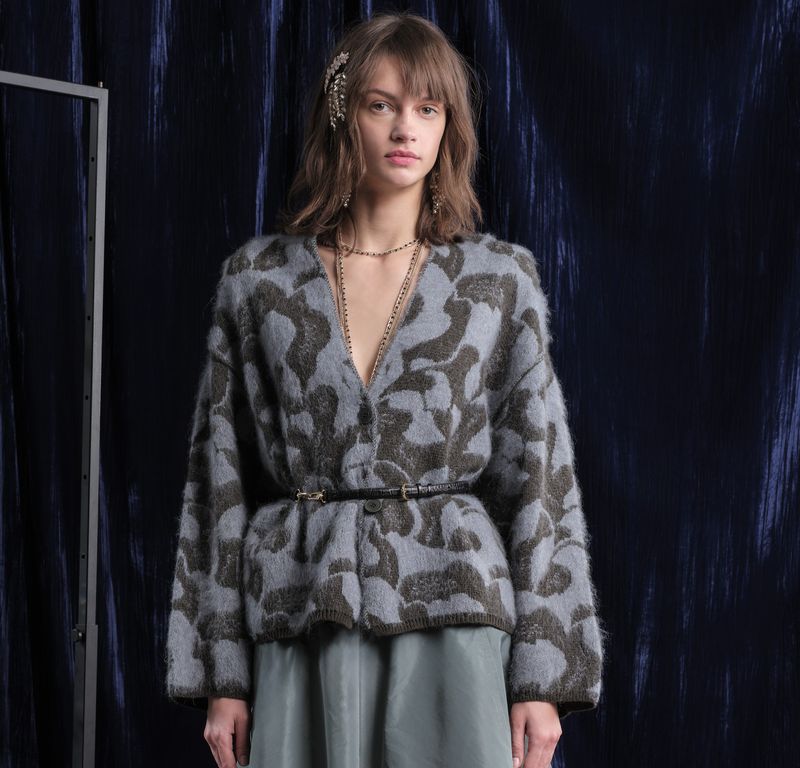 Floral design jacquard cardigan moss green