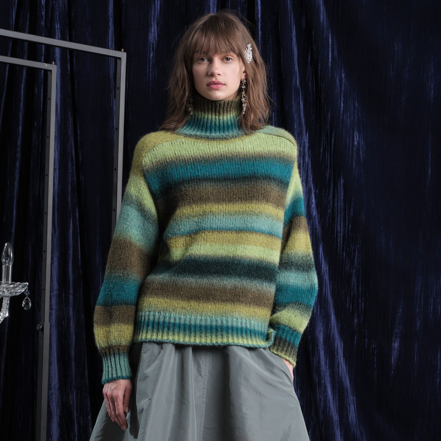 Roll neck knitted jumper green teal blue mix