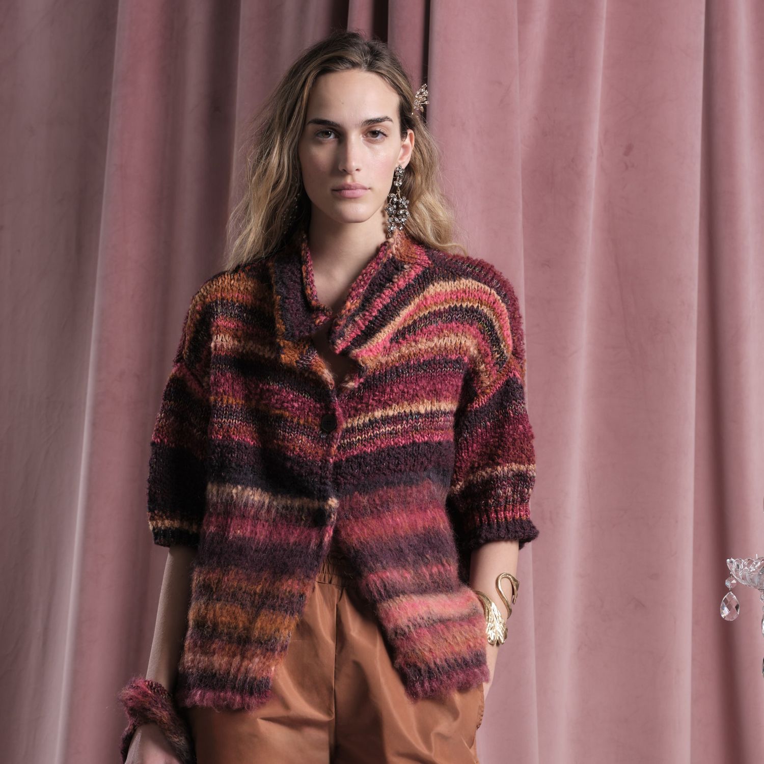 3/4 sleeve cardigan  red plum and rust brown mix