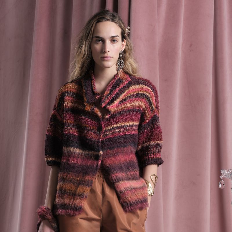 3/4 sleeve cardigan  red plum and rust brown mix