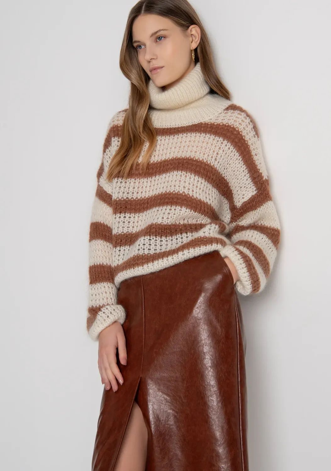 Striped knitted roll neck jumper cream camel