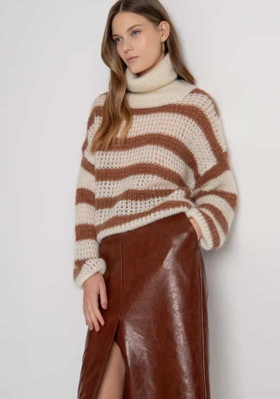 Striped knitted roll neck jumper cream camel