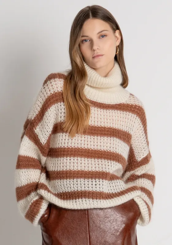 Striped knitted roll neck jumper cream camel