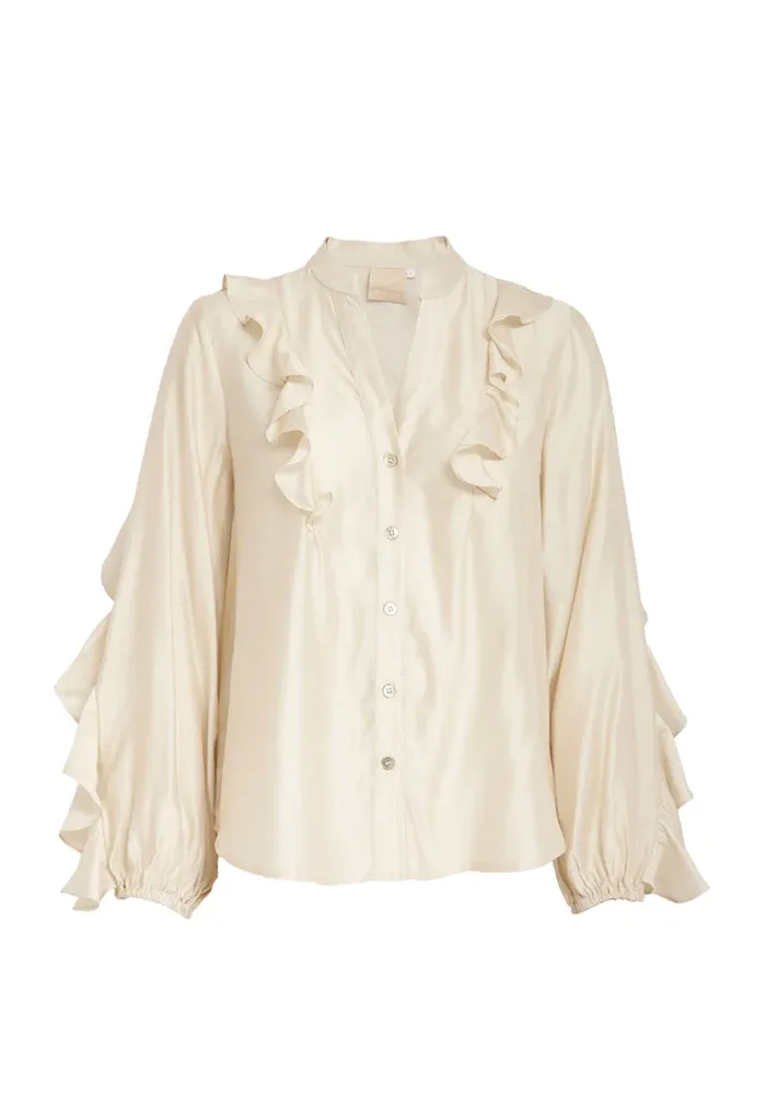 Cream blouse with ruffle sleeve and neckline