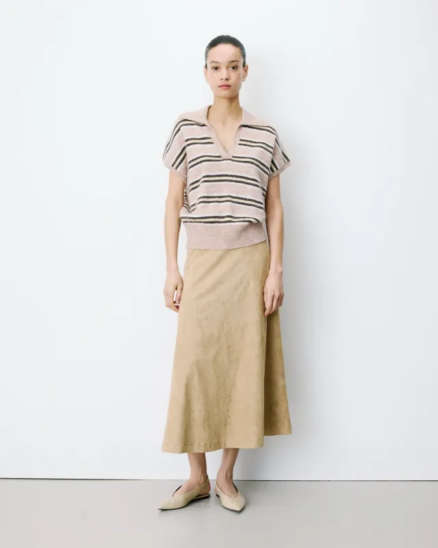 Aizen short sleeve knitted polo jumper beige stripe