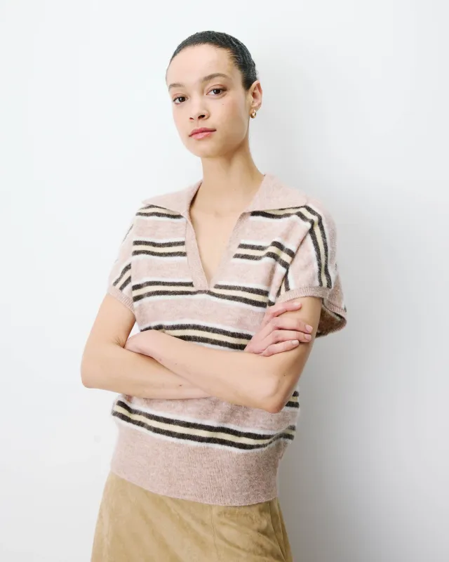 Aizen short sleeve knitted polo jumper beige stripe