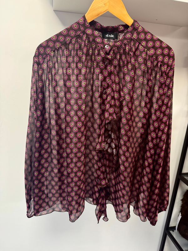 Chiffon blouse with ruffle brown and purple