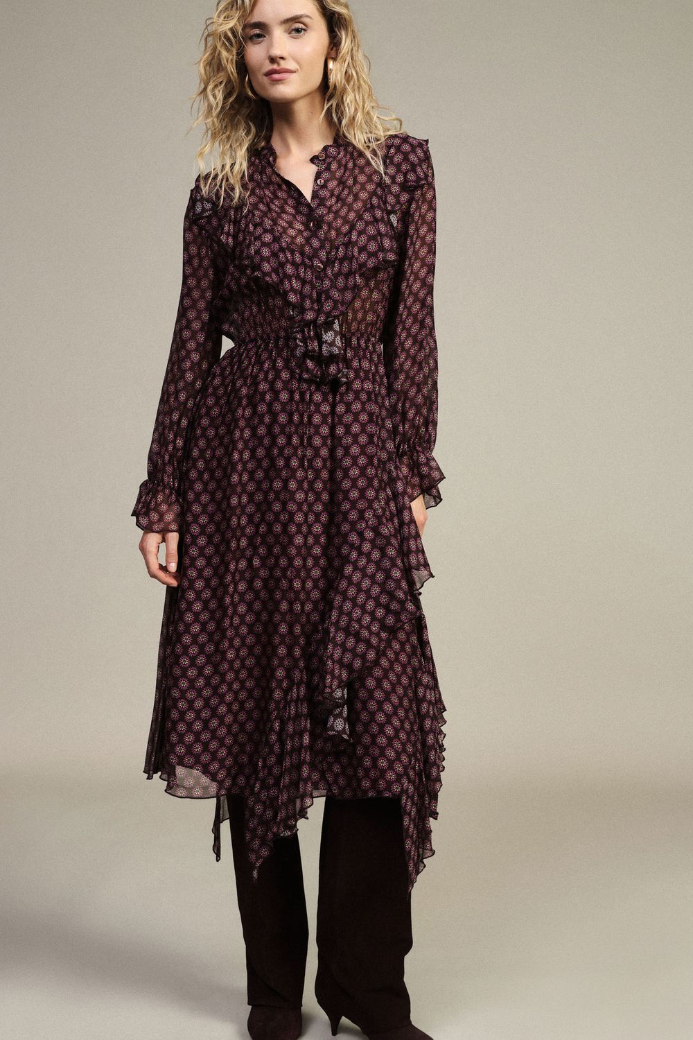 Chiffon dress with handkerchief hemline brown and purple