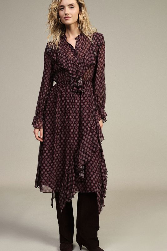 Chiffon dress with handkerchief hemline brown and purple