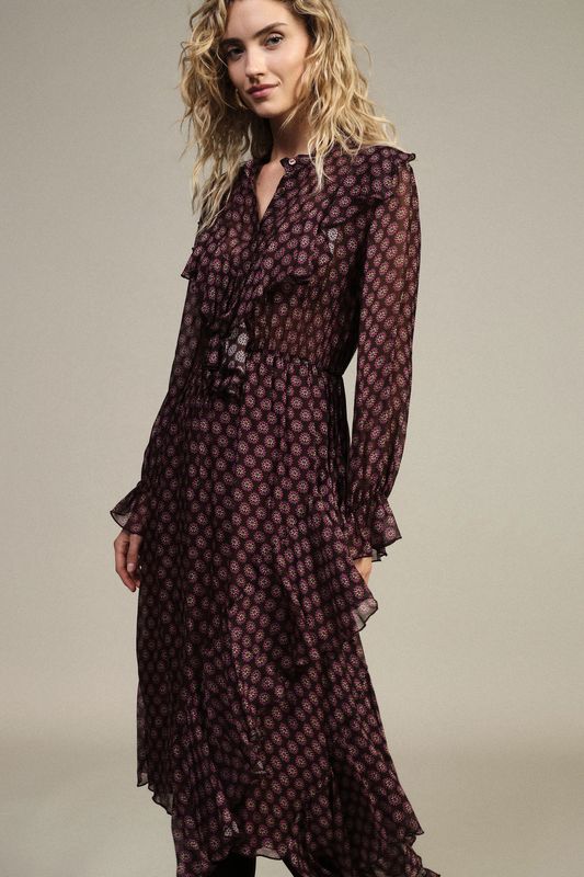 Chiffon dress with handkerchief hemline brown and purple