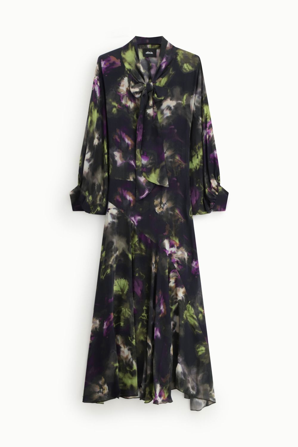 Abstract floral print midi dress khaki purple and lime green
