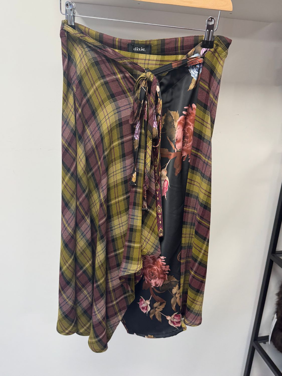 Check skirt with asymetrical hemline mulberry purple and olive green