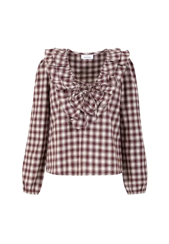 Checked ruffle top cream and bordeaux red