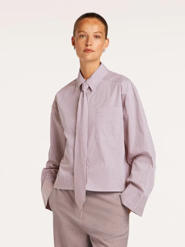 Jessica cropped blouse purple and taupe stripe