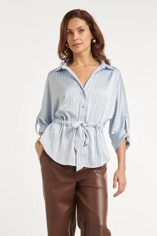 Textured blouse with drawstring waist pale blue