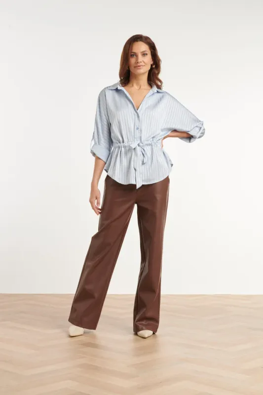 Textured blouse with drawstring waist pale blue