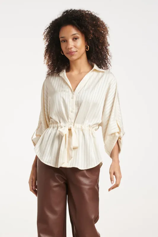 Textured blouse with drawstring waist cream