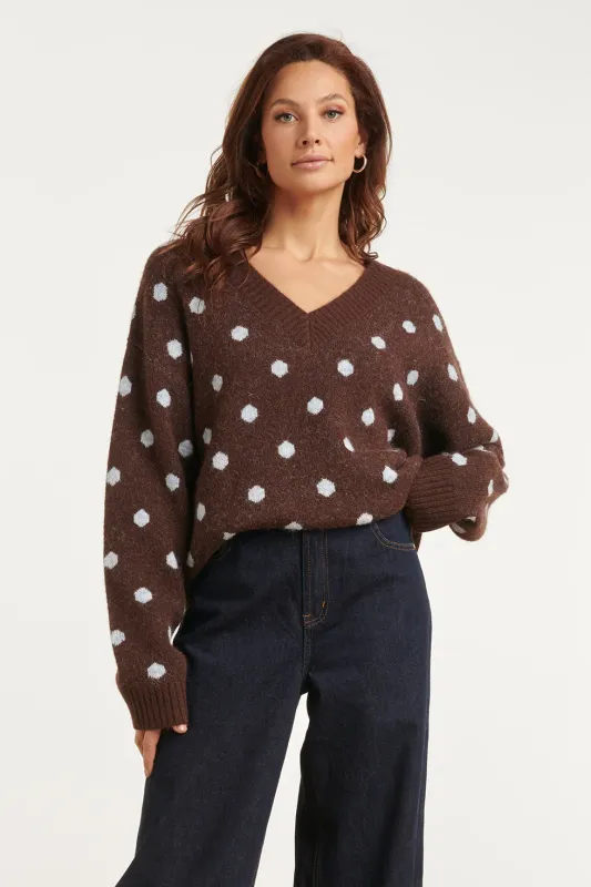 V-neck polka dot jumper brown and pale blue