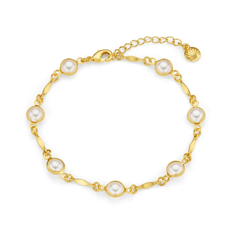 Pearl and bar link chain bracelet gold