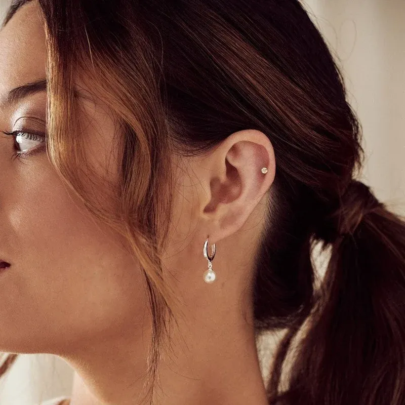 Pearl drop huggie hoop earrings silver