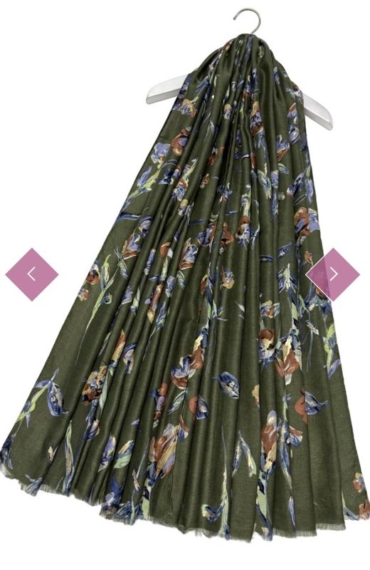 Flower and gold foil scarf army green