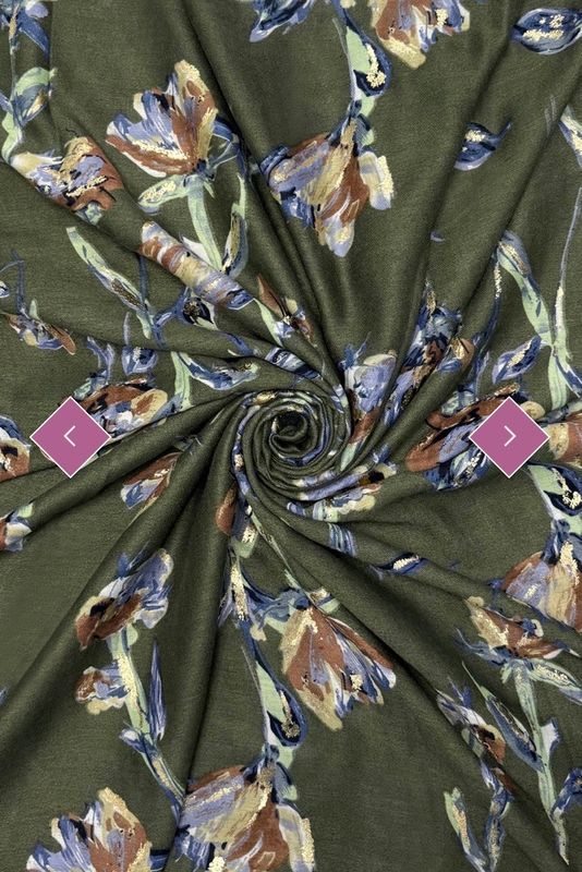 Flower and gold foil scarf army green