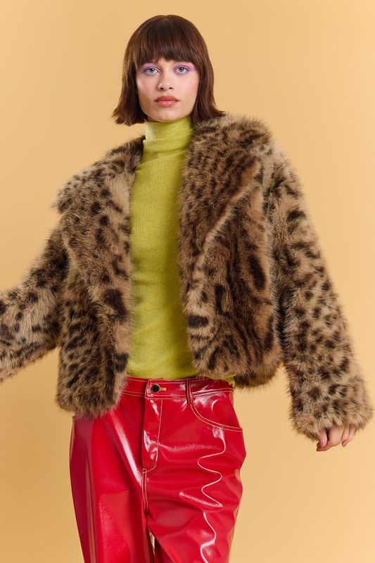Animal print faux fur cropped jacket
